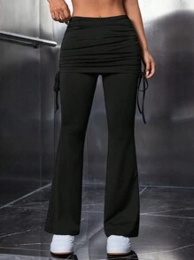 SHEIN PETITE Drawstring Side Flare Leg Pants - Black - View 1
