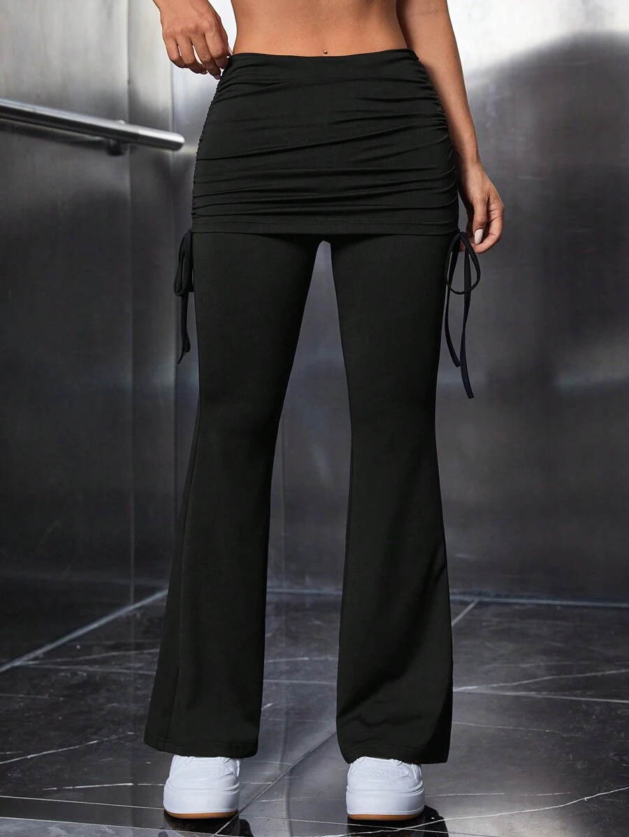 SHEIN PETITE Drawstring Side Flare Leg Pants - Black - View 1