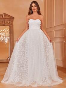 花卉刺绣网纱抹胸婚纱白色优雅新娘礼服 - 白色 - 查看 5