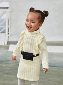 SHEIN Baby Girl Ruffle Trim Turtleneck Dress & Belt Bag - Apricot - View 5