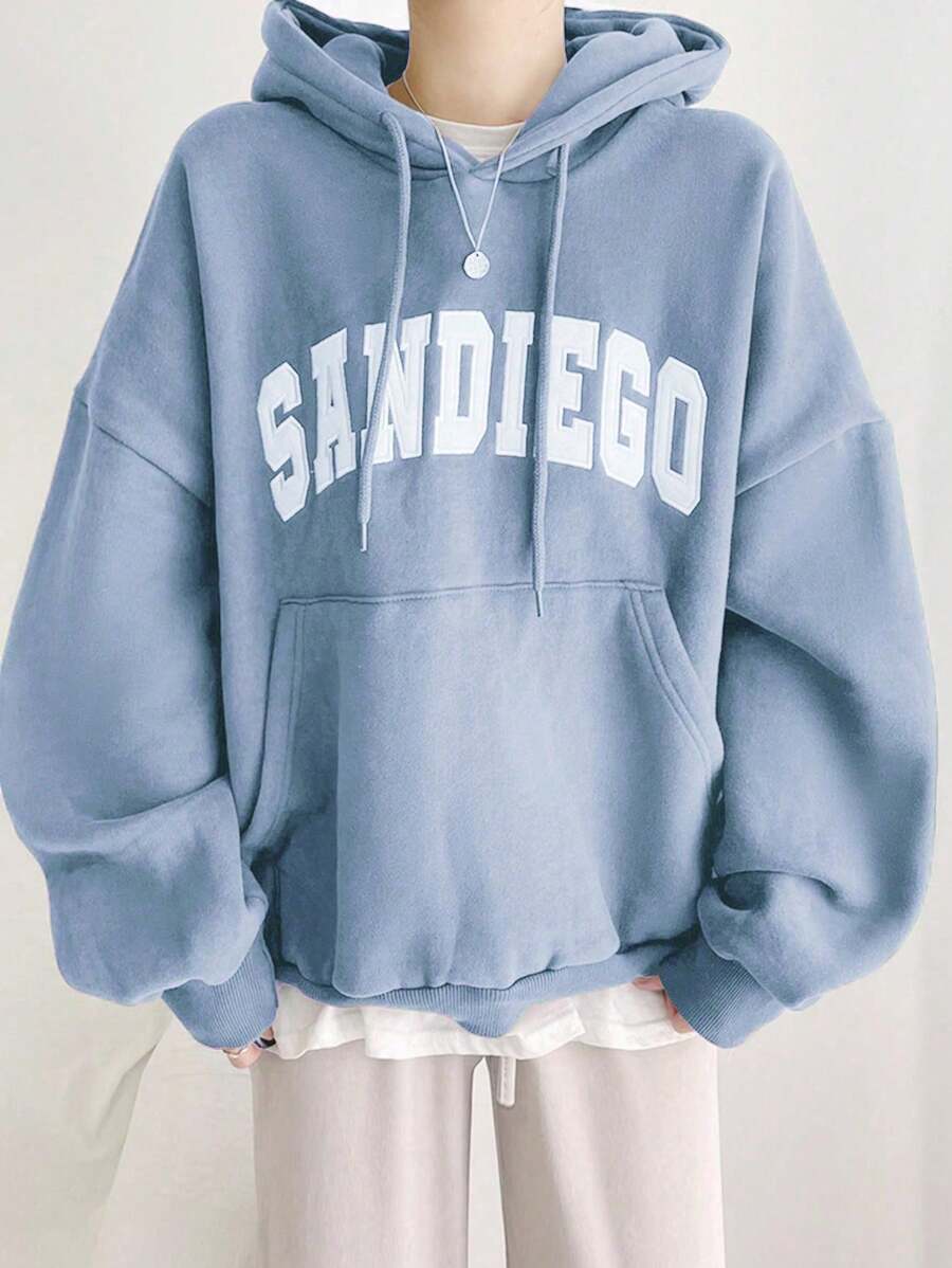 DAZY Thermal Lined Hooded Sweatshirt For Women, Casual Letter Print Pullover, Autumn/Winter