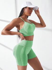 SHEIN Core Rhythm 無縫運動內衣背心連車手短褲，女排球套裝 - 綠色 - 查看 3