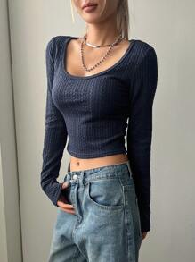 DAZY 纯色圆领短款T恤长袖女式上衣 - 藏蓝色 - 查看 8