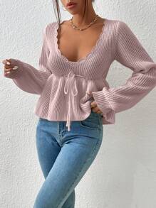 SHEIN Privé 貝殼邊燈籠袖前繫帶荷葉邊下擺套頭毛衣 - 粉色 - 查看 6