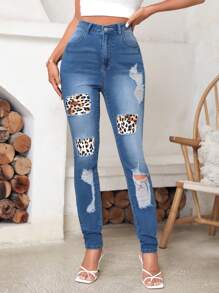 SHEIN LUNE Leopard Print Ripped Skinny Jeans - Medium Wash - View 3