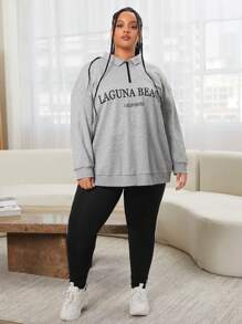 SHEIN CURVE+ Plus Size Letter Graphic Drop Shoulder Quarter Zip Sweatshirt - Light Grey - View 6
