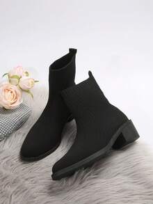 時尚女士針織襪短靴,中跟彈性滑入短靴 - 黑色 - 查看 5