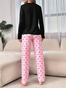 字母圖案T恤和褲子睡衣套裝 - 彩色 - 查看 2