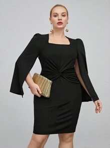 BizChic Plus Twist Front Cloak Sleeve Bodycon Dress - Black - View 1