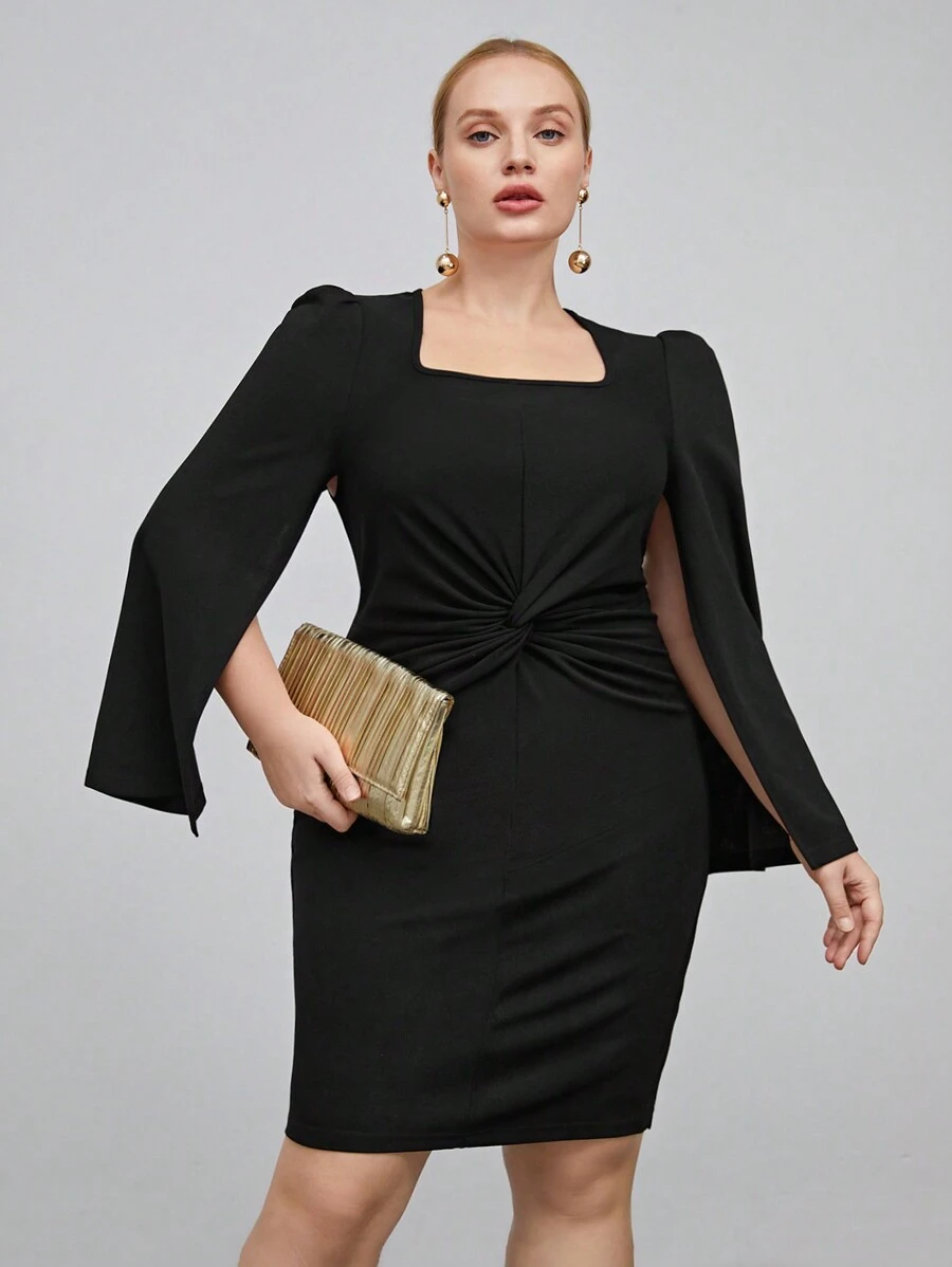 BizChic Plus Twist Front Cloak Sleeve Bodycon Dress - Black - View 1