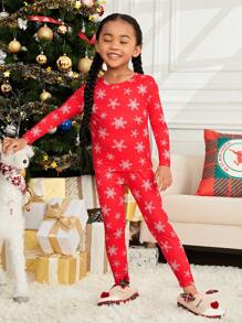 SHEIN Conjunto De Pijama Para Niña Joven Con Estampado De Copo De Nieve Y Ajuste Cómodo Para La Navidad - Rojo - Ver 6