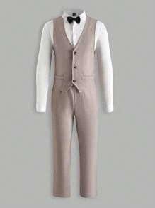 Manfinity 男士素色襯衫和夾克背心和褲子和背帶和領結 - 卡其色 - 查看 1