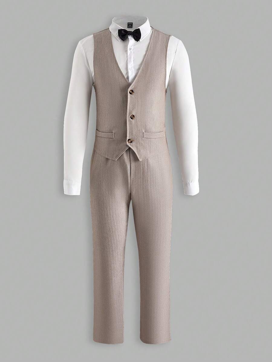 Manfinity 男士素色襯衫和夾克背心和褲子和背帶和領結 - 卡其色 - 查看 1