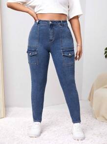 SHEIN EZwear 大碼高腰翻蓋口袋工裝牛仔褲 - 藍色 - 查看 1