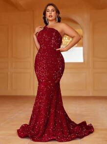 大碼派對露背純色連衣裙 - 酒紅色 - 查看 4