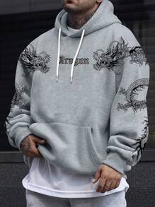 Manfinity LEGND Nam Lỏng lẻo phù hợp Rồng & Lá thư In Túi kangaroo Hoodie Với dây rút - Xám - Xem 1