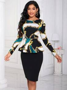 SHEIN Lady Chain Print Peplum Top & Skirt - Multicolor - View 1