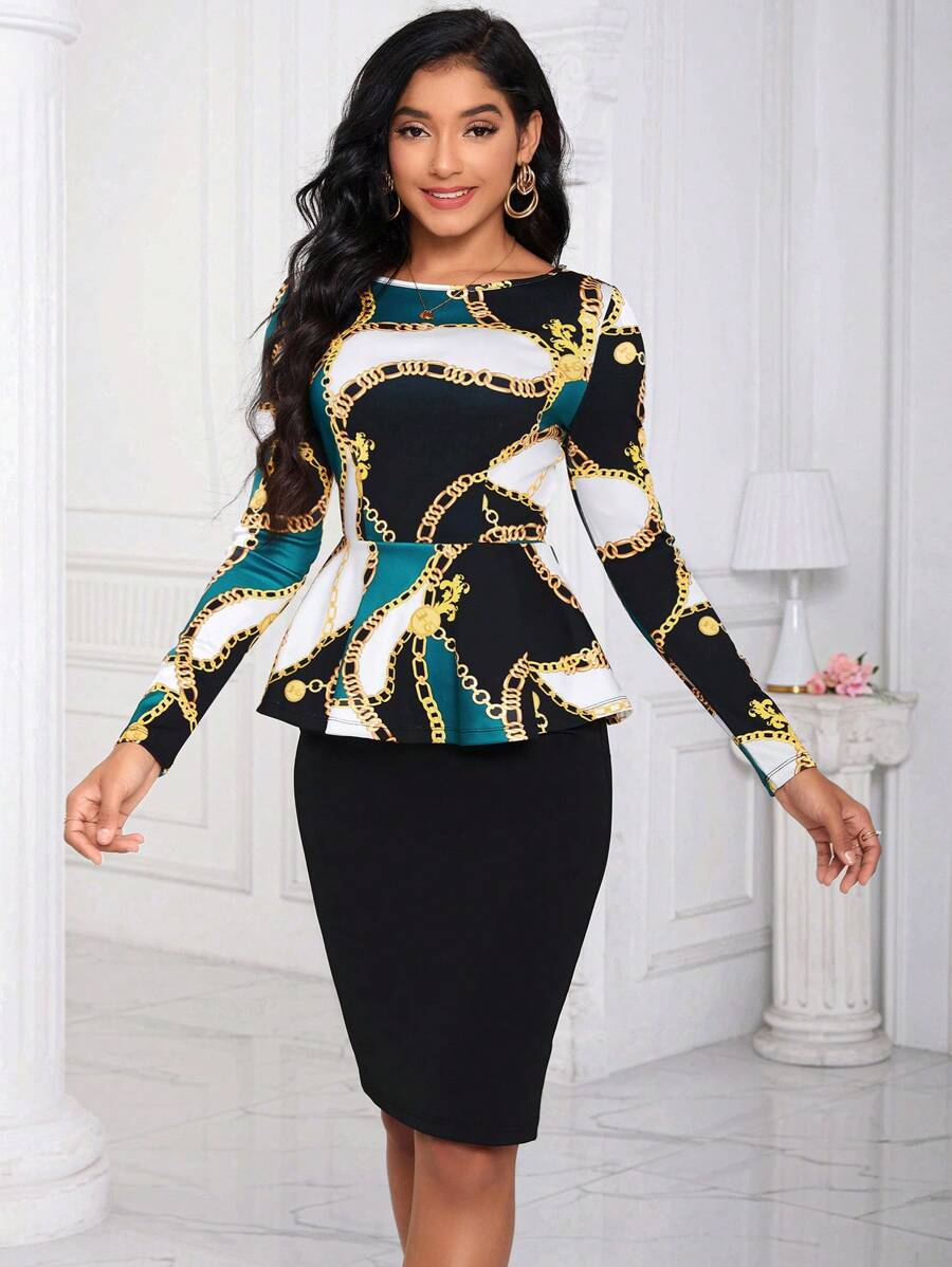 SHEIN Lady Chain Print Peplum Top & Skirt - Multicolor - View 1