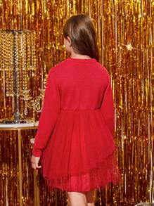 SHEIN Tween Girl Mesh Hem Sweater Dress - Red - View 2