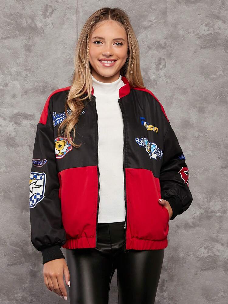 Teen Girl Letter Graphic Colorblock Shearling Lined Bomber Jacket