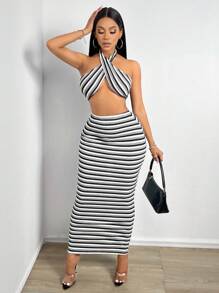 SHEIN Slayr Striped Print Crisscross Tie Backless Halter Top & Skirt - Black and White - View 1