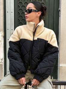DAZY Two Tone Drop Shoulder Teddy Lined Zipper Winter Thick Pockets Coat ,Winter Women Clothes,Winter Coat Women Jacket