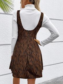 SHEIN LUNE In hoa văn ngựa vằn Nút phía trước Đầm Tổng thể Without Tee - Màu Khaki - Xem 2