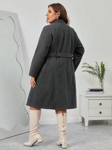 SHEIN Privé Plus Lapel Neck Double Breasted Belted Overcoat In Fall/Winter - Dark Grey - View 2