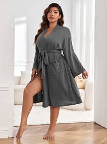 大碼雙口袋附腰帶睡袍不附內衣 - 深灰色 - 查看 6