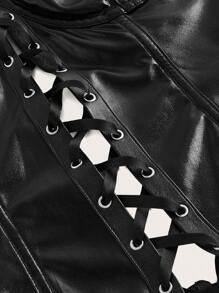 ROMWE Goth Lace Up Front PU Tube Top - Black - View 4