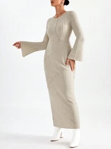 SHEIN Privé Vestido unicolor de manga amplia tejido de canalé - Albaricoque - Ver 4