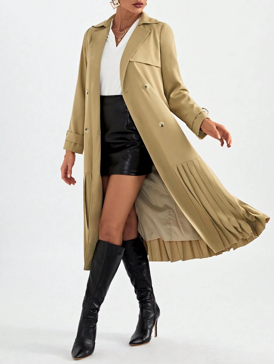 SHEIN Privé Đôi ngực Viền xếp Thắt lưng Áo khoác Trench - Màu Khaki - Xem 1