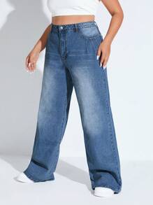 SHEIN EZwear Quần Denim kích thước lớn Nút Túi Dây kéo màu trơn - Rửa trung bình - Xem 1