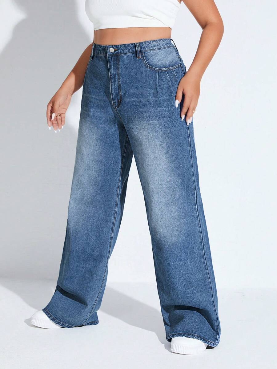 SHEIN EZwear Quần Denim kích thước lớn Nút Túi Dây kéo màu trơn - Rửa trung bình - Xem 1