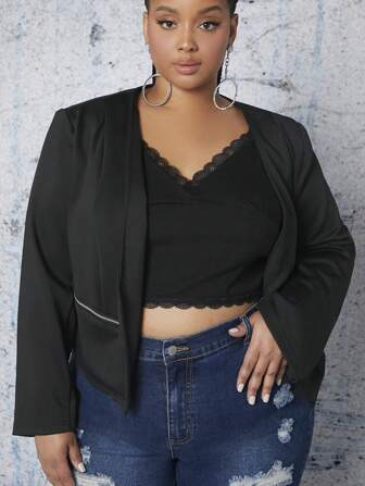 SHEIN CURVE+ Plus Zip Pocket Open Front Blazer