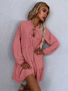 SHEIN LUNE 繫帶領燈籠袖娃娃裙 - 淺粉色 - 查看 3