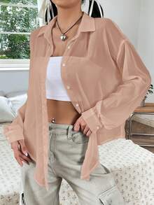 SHEIN EZwear Chất rắn Nút phía trước Thả vai Áo sơ mi - màu nâu - Xem 4