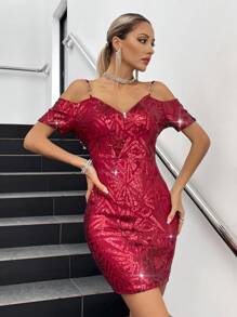 Allurite 挖肩亮片緊身洋裝 - 酒紅色 - 查看 3