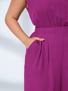 Chikora Plus Solid Shoulder Padded Wide Leg Jumpsuit - Hot Pink - View 4