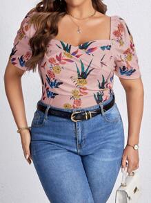 SHEIN Clasi Plus Floral Print Sweetheart Neck Tee - Dusty Pink - View 2