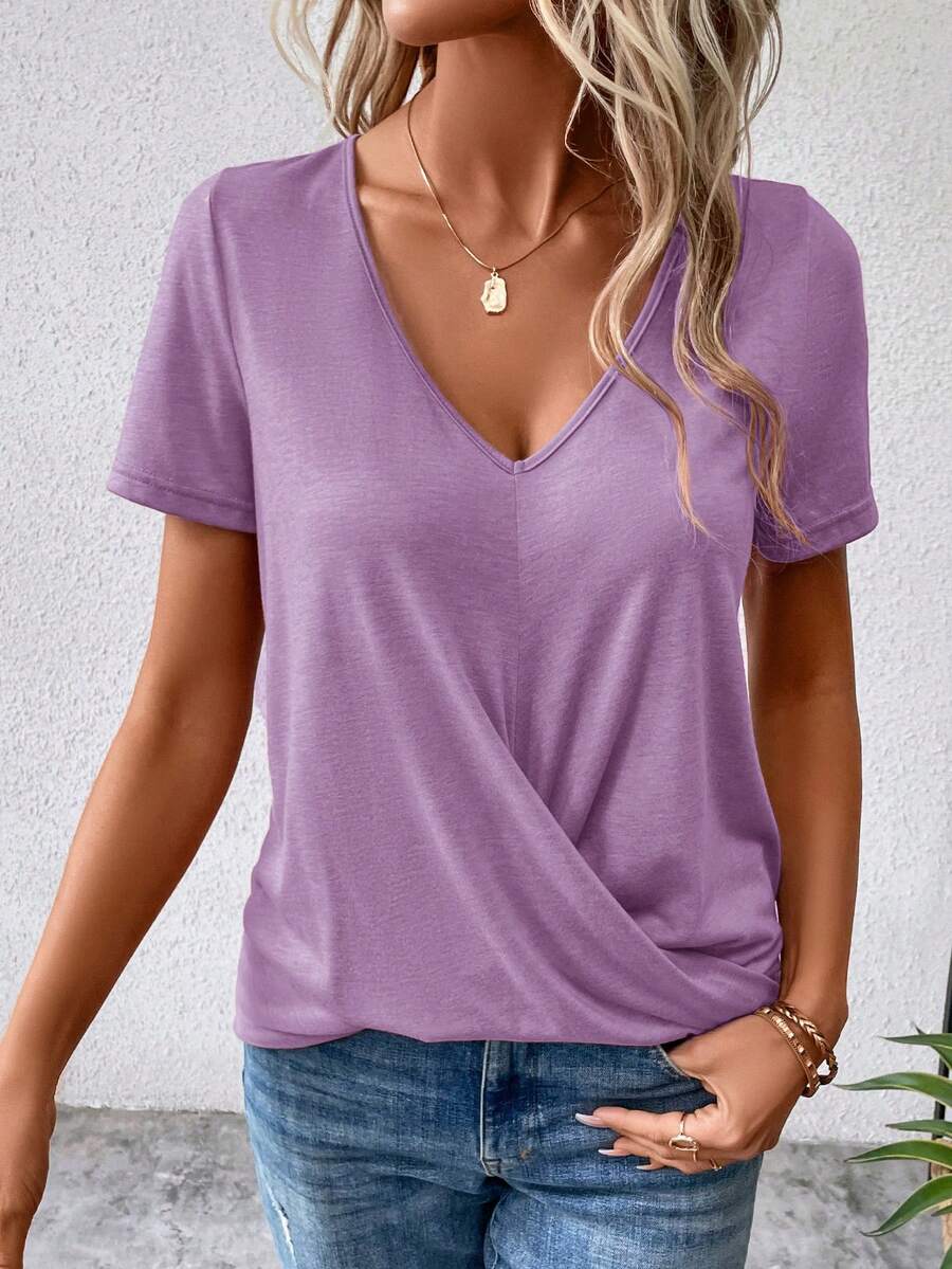 SHEIN LUNE Chất rắn Đan chéo Áo thun - Màu tím hoa cà - Xem 1