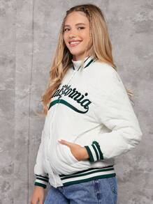 Teen Girl Letter Graphic Striped Trim Drop Shoulder Quilted Coat