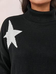 SHEIN Frenchy 大碼星星圖案高領落肩袖套頭毛衣 - 黑與白 - 查看 4