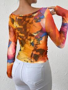 Allurite Tie Dye Boat Neck Mesh Top - Orange - View 2