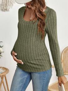 SHEIN Maternidad Camiseta de cuello scoop tejida de canalé - Verde - Ver 1