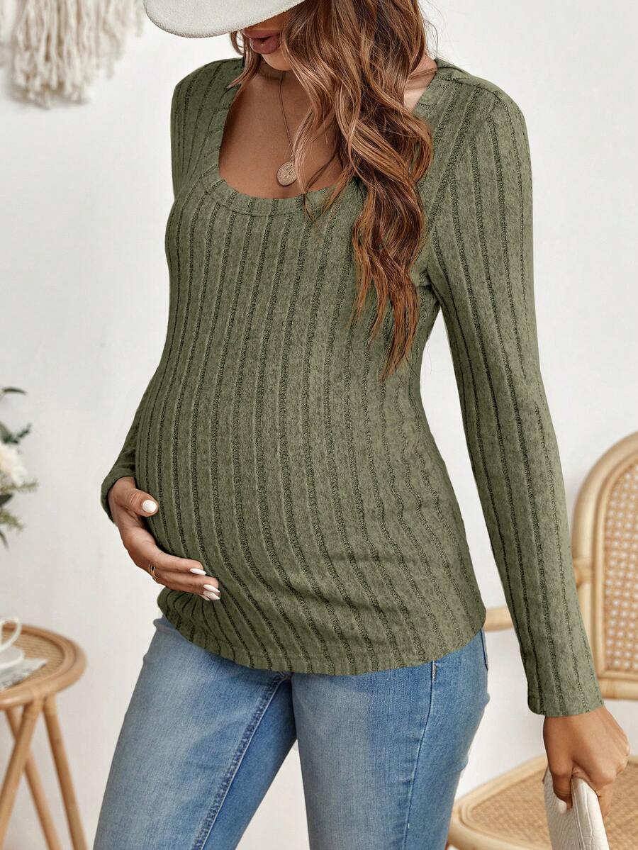 SHEIN Maternidad Camiseta de cuello scoop tejida de canalé - Verde - Ver 1