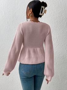 SHEIN Privé 貝殼邊燈籠袖前繫帶荷葉邊下擺套頭毛衣 - 粉色 - 查看 2