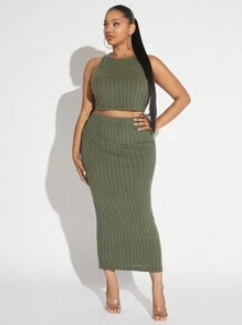 SHEIN SXY Hơn Chất rắn Áo ba lỗ & Váy bút chì - xanh quân đội - Xem 5