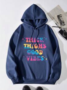 Men Slogan Graphic Drawstring Thermal Lined Hoodie - Royal Blue - View 1