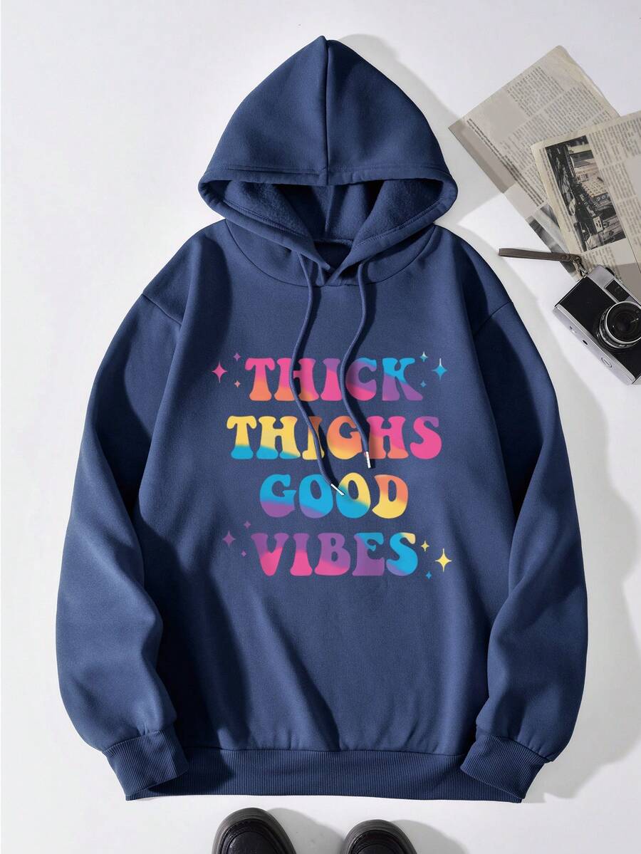Men Slogan Graphic Drawstring Thermal Lined Hoodie - Royal Blue - View 1